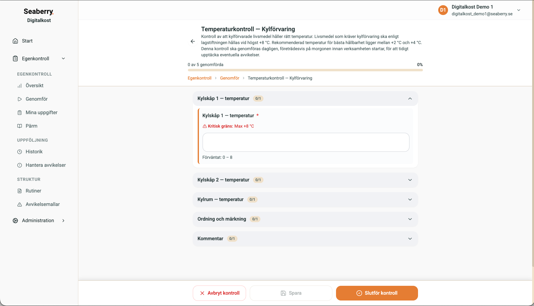 Daglig temperaturkontroll – starta kontroll