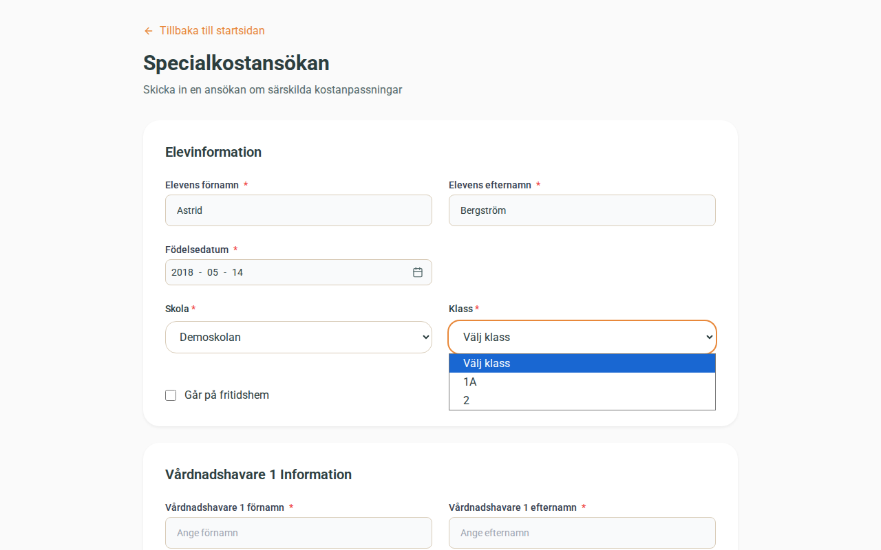 Publikt ansökningsformulär för specialkost