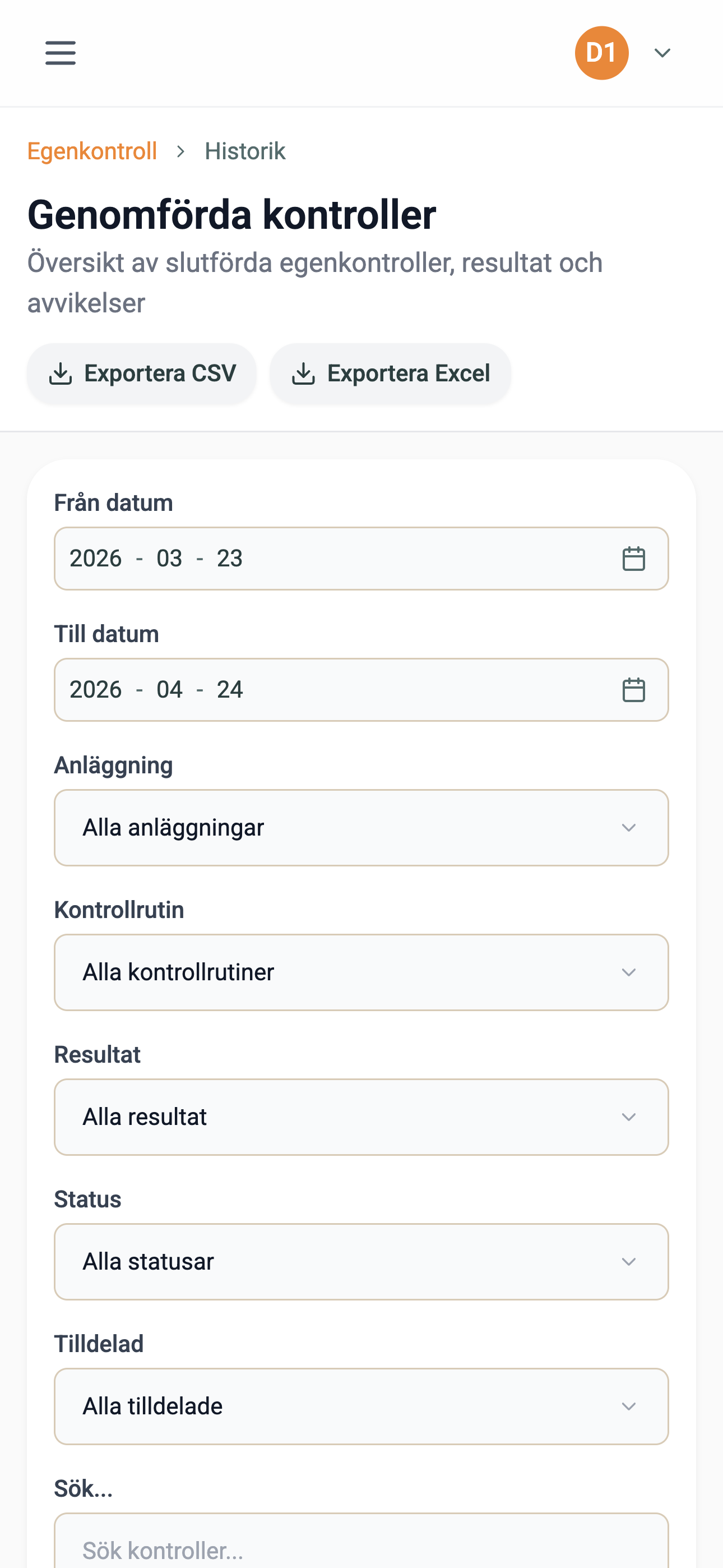 Kontrollhistorik – mobilvy
