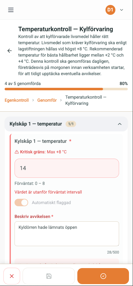 Daglig temperaturkontroll – registrera mätvärde mobilvy