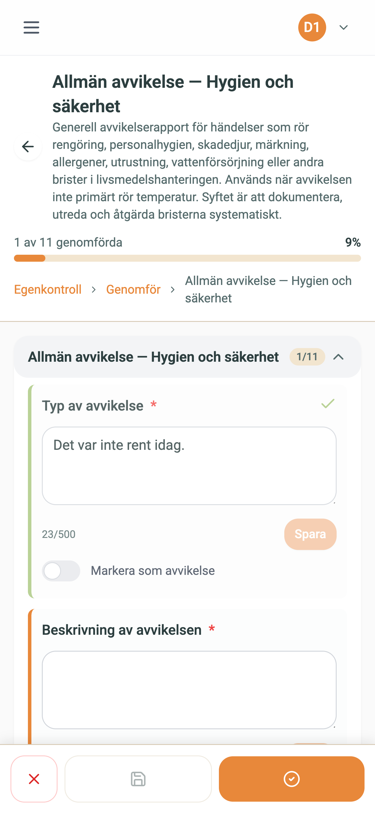 Starta avvikelse – mobilvy