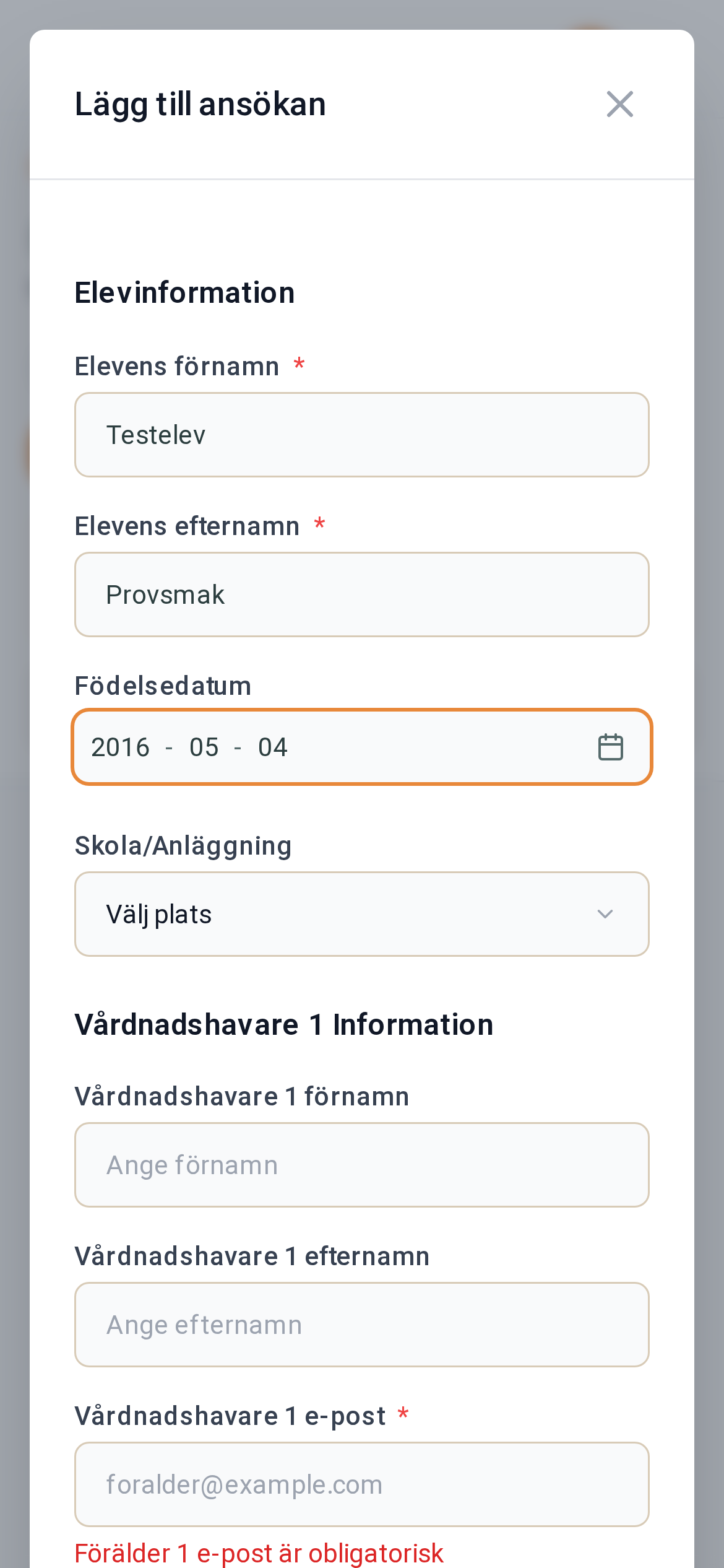 Registrera ansökan manuellt – mobilvy