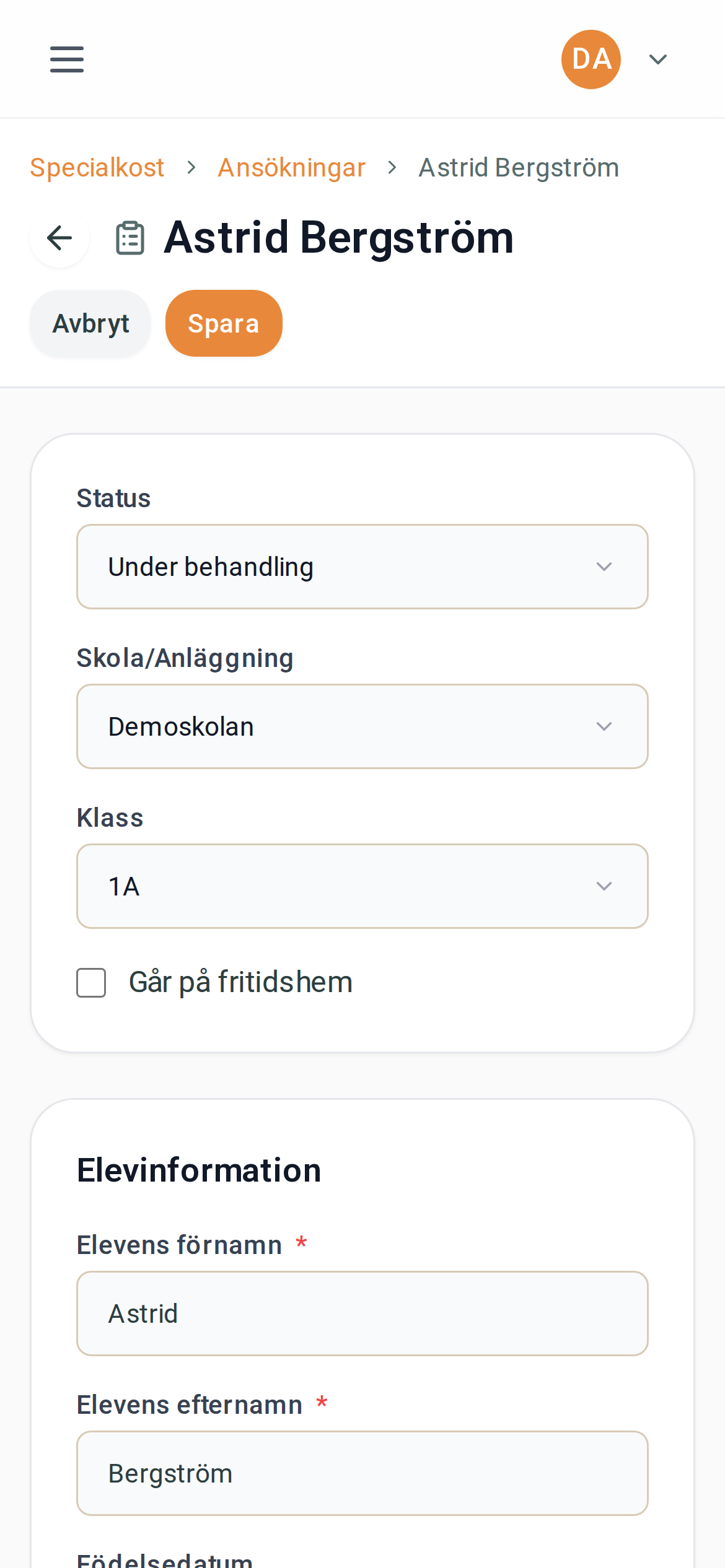 Redigera en ansökan – mobilvy