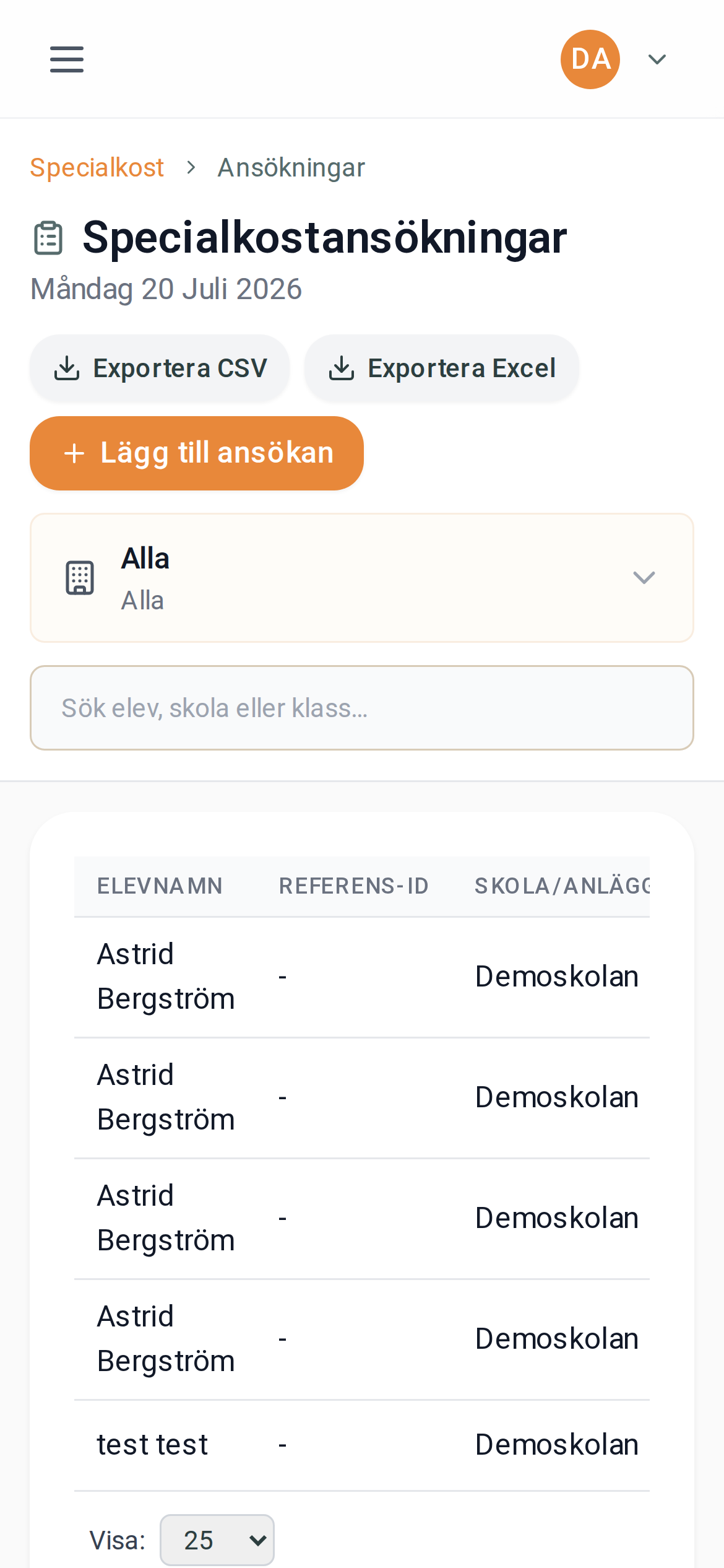 Lista över specialkostansökningar – mobilvy