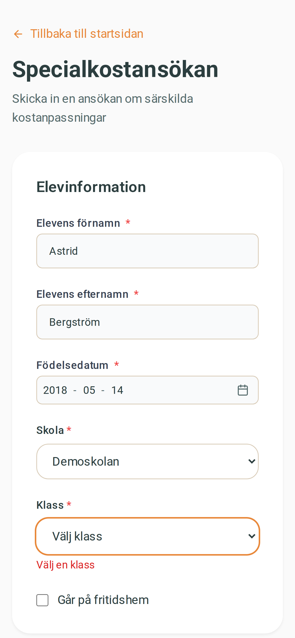 Publikt ansökningsformulär för specialkost – mobilvy